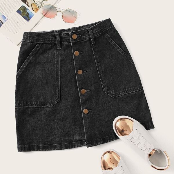 

Plus Button Front Denim Skirt, Black