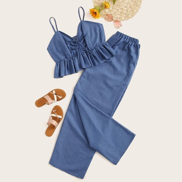 

Plus Denim Drawstring Ruffle Hem Cami Top With Pants