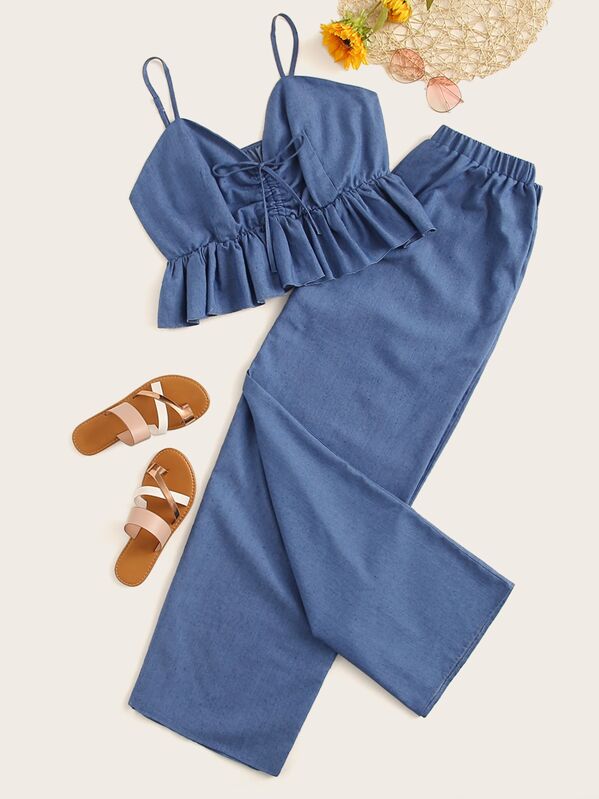 

Plus Denim Drawstring Ruffle Hem Cami Top With Pants, Blue