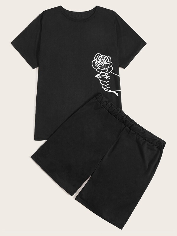 

Men Rose Print Pajama Set, Black