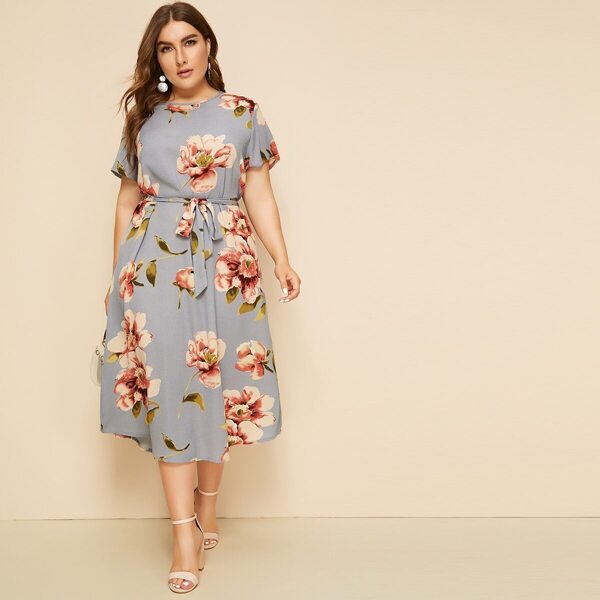 

Plus Large Floral Print Belted Dress, Multicolor
