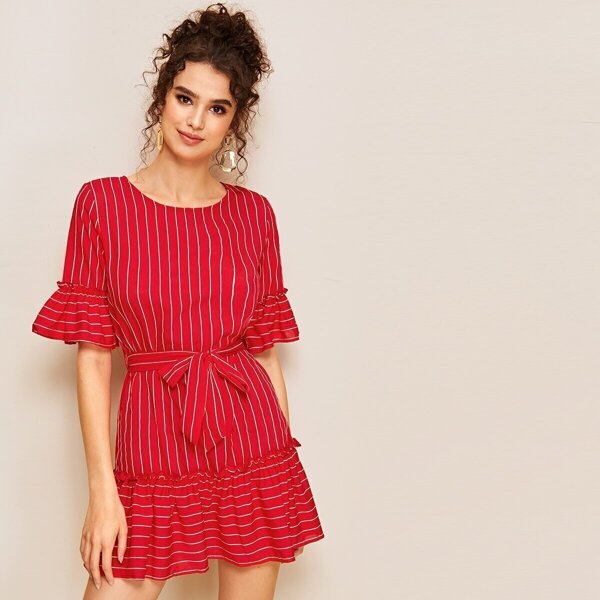 

Striped Ruffle Hem Belted Dress, Red
