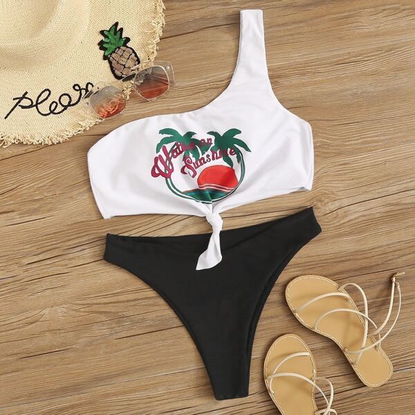 

One Shoulder Knot Hem Top With High Cut Bikini
