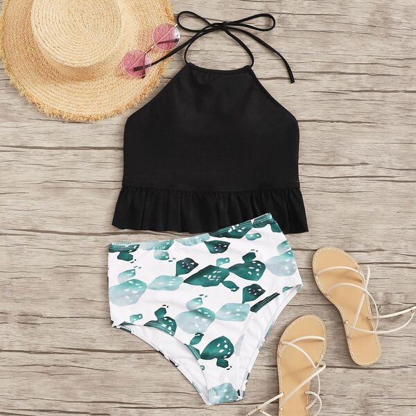 

Ruffle Hem Halter Top With Random Graphic Tankini Set
