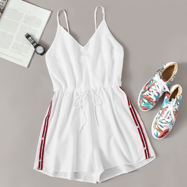 

Stripe Side Drawstring Waist Cami Playsuit, White