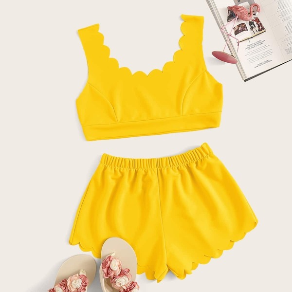 

Neon Yellow Scalloped Trim Pajama Set
