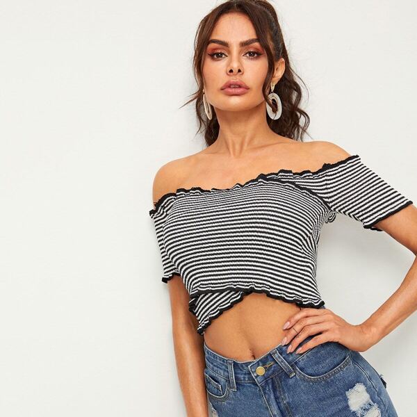 

Lettuce Trim Striped Bardot Crop Tee