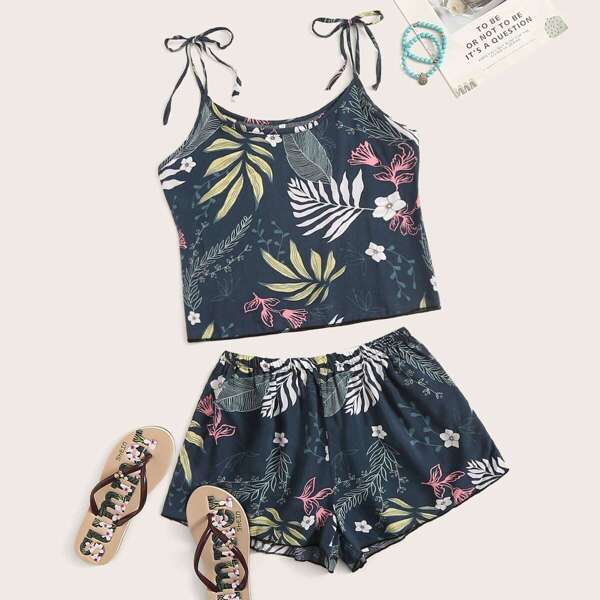 

Floral & Leaf Print Cami PJ Set, Multicolor