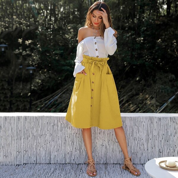 

Button Through Dual Pocket Belted Paperbag Skirt, Yellow