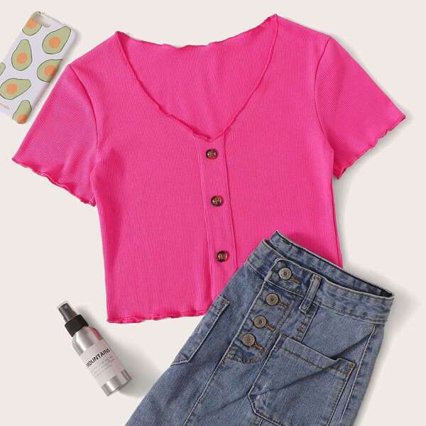 

Ribbed Button Front Lettuce Trim Tee