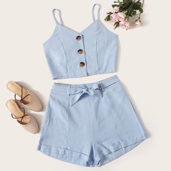 

Button Front Crop Top With Belted Shorts