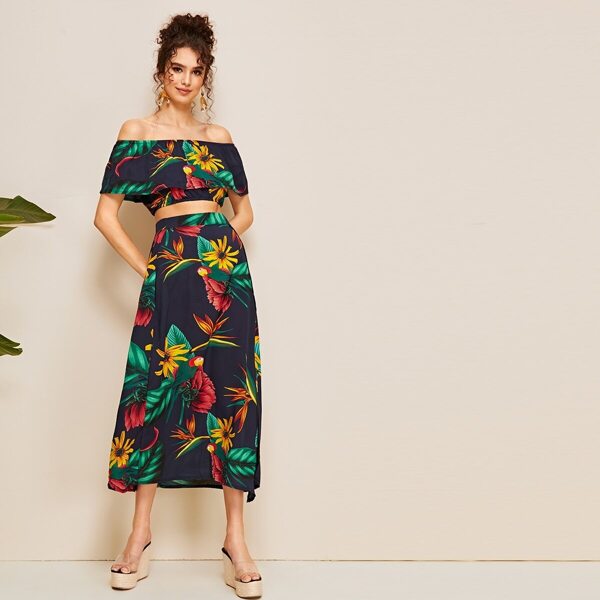 

Ruffle Trim Floral Print Off Shoulder Top With Skirt