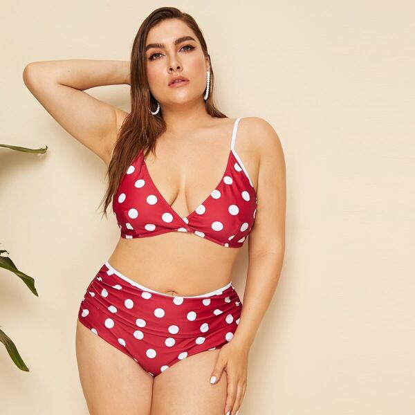 

Plus Polka Dot Triangle Top With Ruched Bikini Set, Red