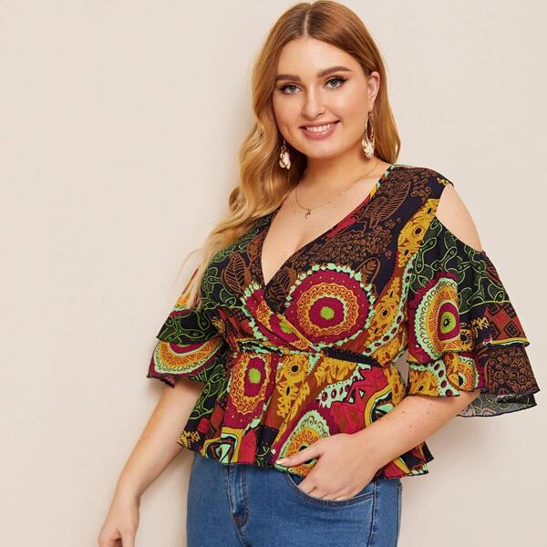 

Plus Surplice Neck Cold Shoulder Scarf Print Peplum Top