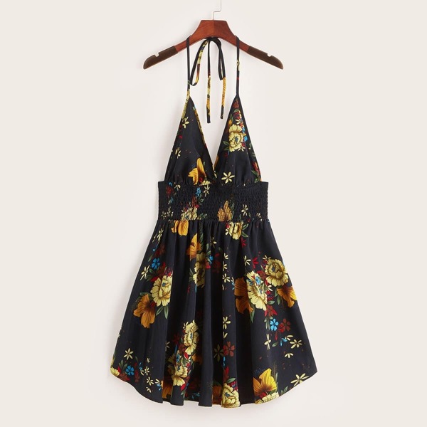 

Botanical Print Shirred Waist Open Back Halter Dress