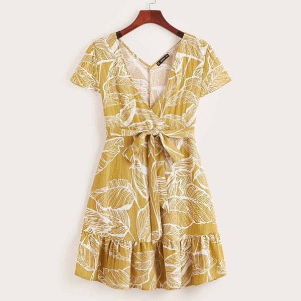 

Tropical Print Surplice Neck Ruffle Hem Belted Dress