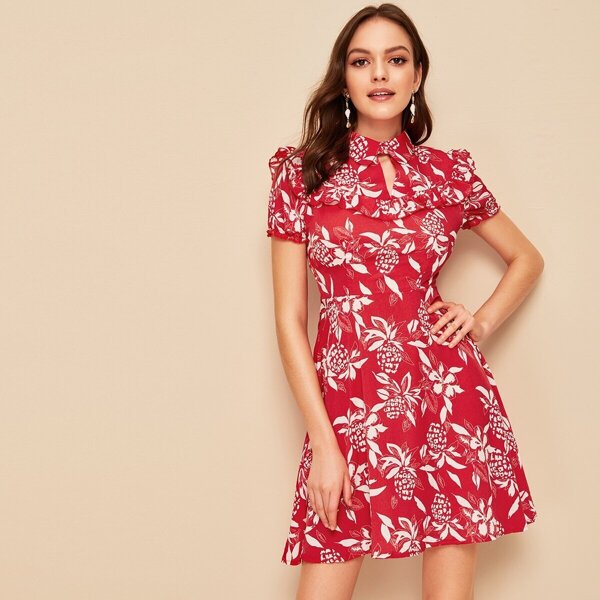 

Keyhole Collared Neck Ruffle Trim Floral Dress