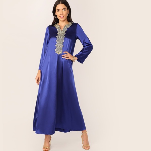 

V-cut Neck Contrast Lace Tent Dress, Blue