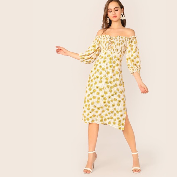 

Lace Up Shirred Bodice Split Floral Dress