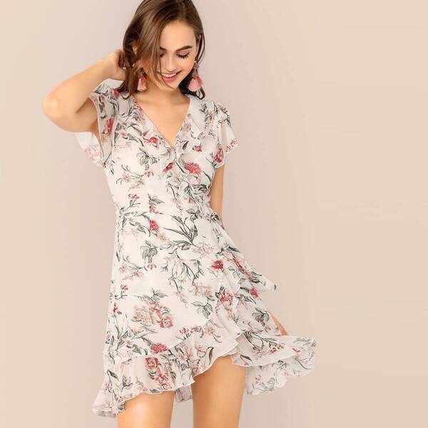 

Ruffle Trim Floral Print Wrap Dress