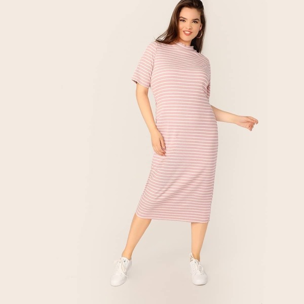 

Plus Mock-Neck Striped Pencil Dress, Pink pastel