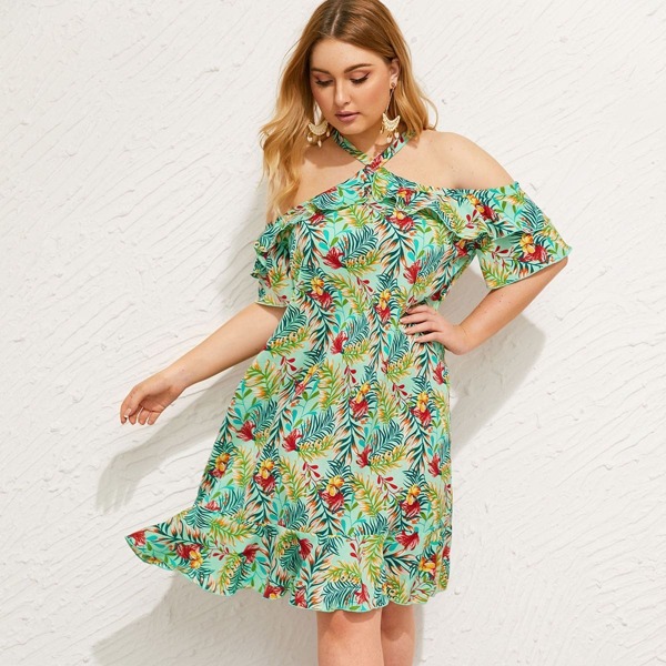 

Plus Cold Shoulder Ruffle Trim Halter Dress, Multicolor
