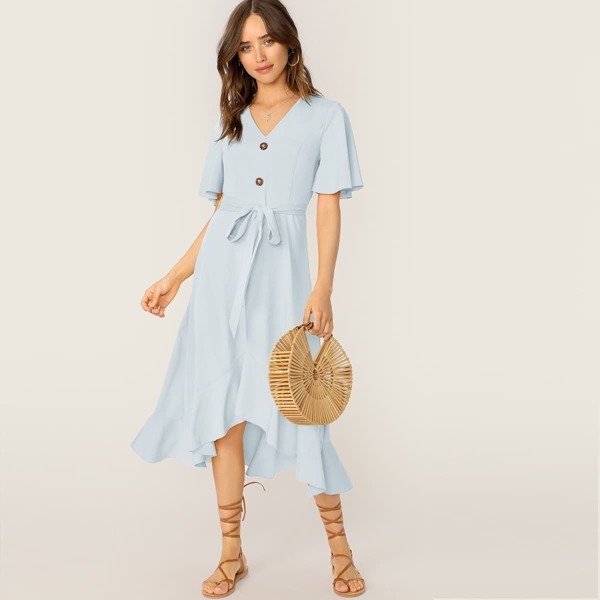 

Button Front Belted Ruffle Hem V-neck Dress, Blue
