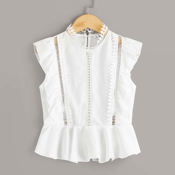 

Girls Guipure Lace Insert Ruffle Armhole Peplum Top, White