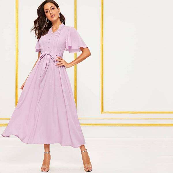 

Covered Button Front Flutter Sleeve Pleated Dress, Purple