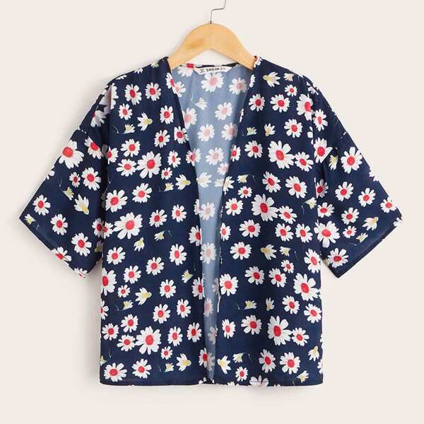 

Girls Open Front Floral Print Kimono