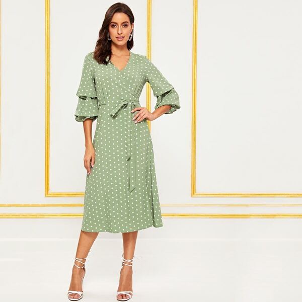 

Polka Dot Gathered Sleeve Self Belted Wrap Dress, Green pastel