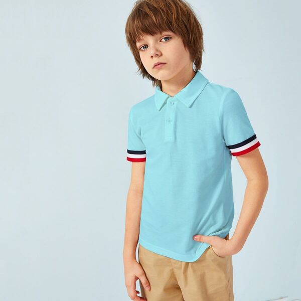 

Boys Striped Cuff Polo Shirt, Blue