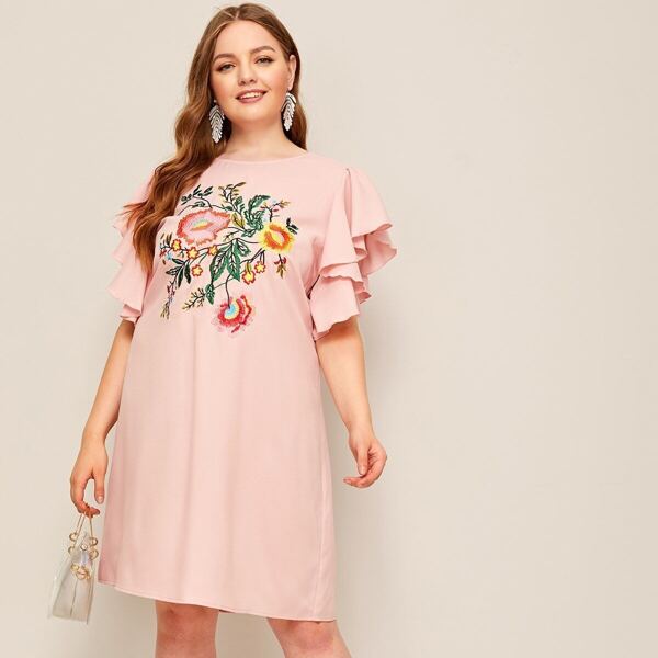 

Plus Flutter Sleeve Embroidered Botanical Tunic Dress