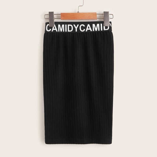 

Girls Letter Tape Waist Rib-knit Pencil Skirt