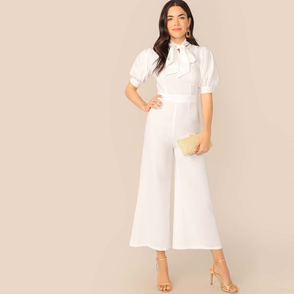 

Tie Neck Puff Sleeve Palazzo Leg Jumpsuit, White