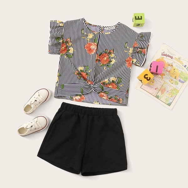 

Girls Ruffle Armhole Twist Front Top & Shorts Set