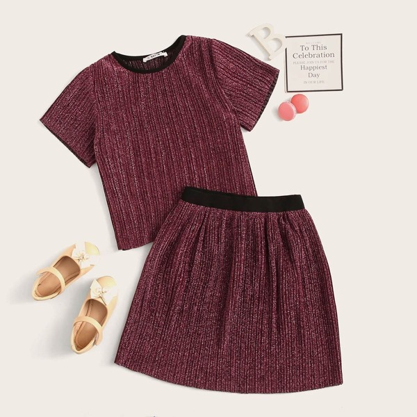 

Girls Contrast Neck Pleated Glitter Top & Skirt Set, Burgundy
