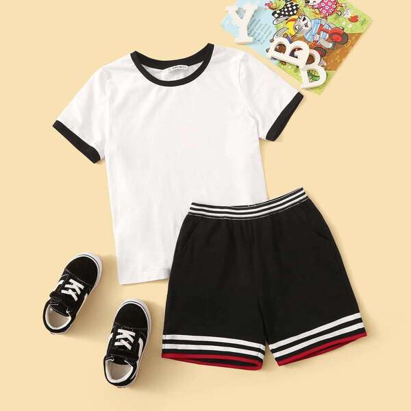 

Boys Ringer Top & Striped Shorts Set, Black and white