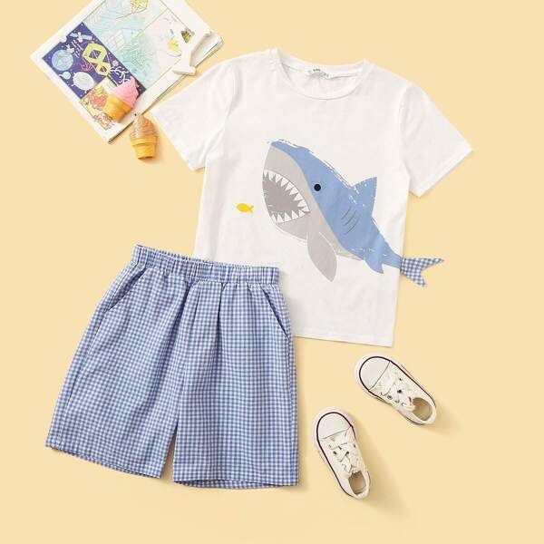 

Boys Shark Cartoon Print Top & Gingham Shorts Set, Multicolor