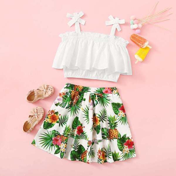 

Girls Bow Strap Flounce Top & Tropical Skirt Set, Multicolor