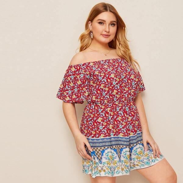 

Plus Off Shoulder Ditsy Floral Print Romper