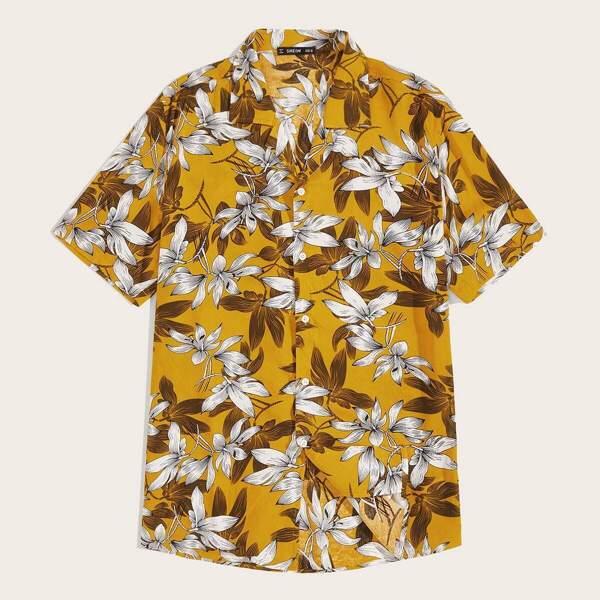 

Men Notched Collar Floral Print Shirt