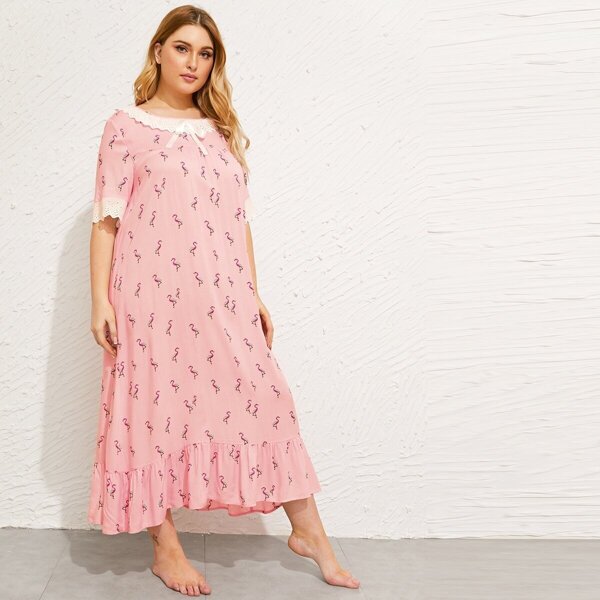 

Plus Tie Neck Embroidered Eyelet Trim Flamingo Nightdress