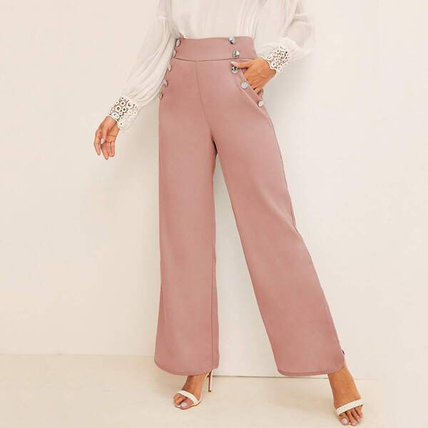

Wide Band Waist Button Detail Palazzo Pants