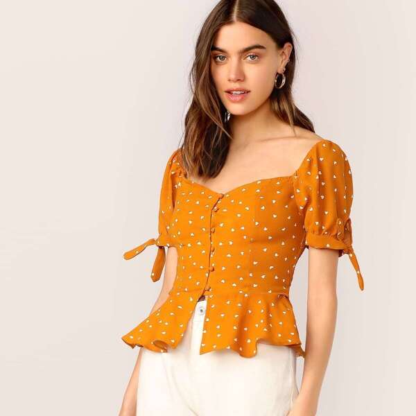 

Knotted Puff Sleeve Shirred Back Peplum Blouse