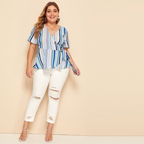 

Plus Tie Side Buttoned Striped Wrap Top