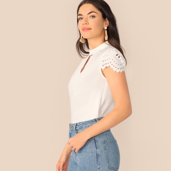 

V-cut Choker Laser Cut Sleeve Blouse