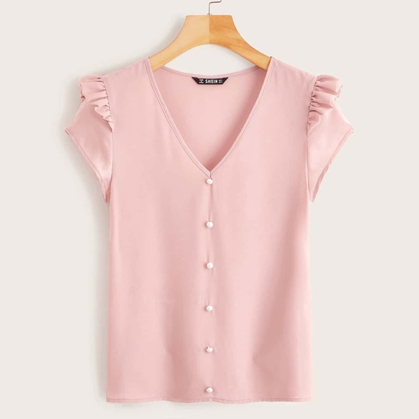 

V-neck Ruffle Detail Button Front Blouse