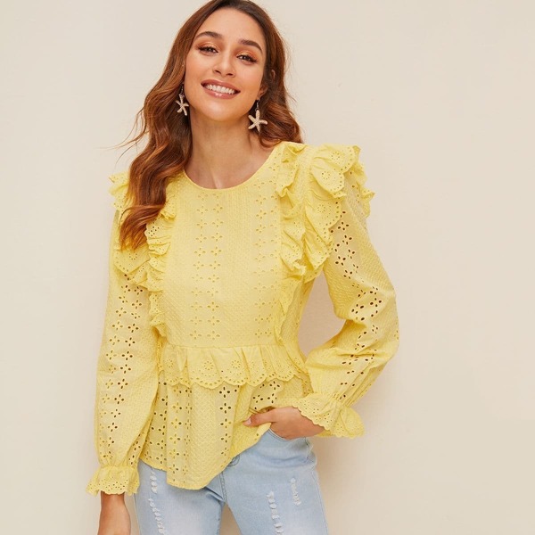 

Ruffle Trim Embroidered Eyelet Top