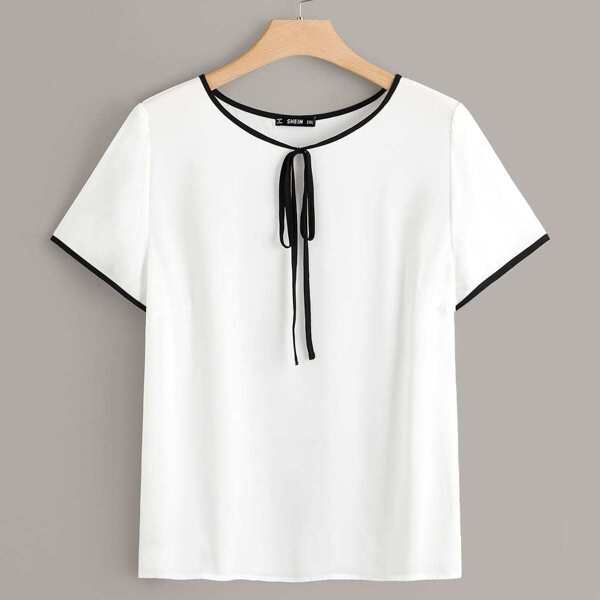 

Plus Tie Neck Contrast Binding Top